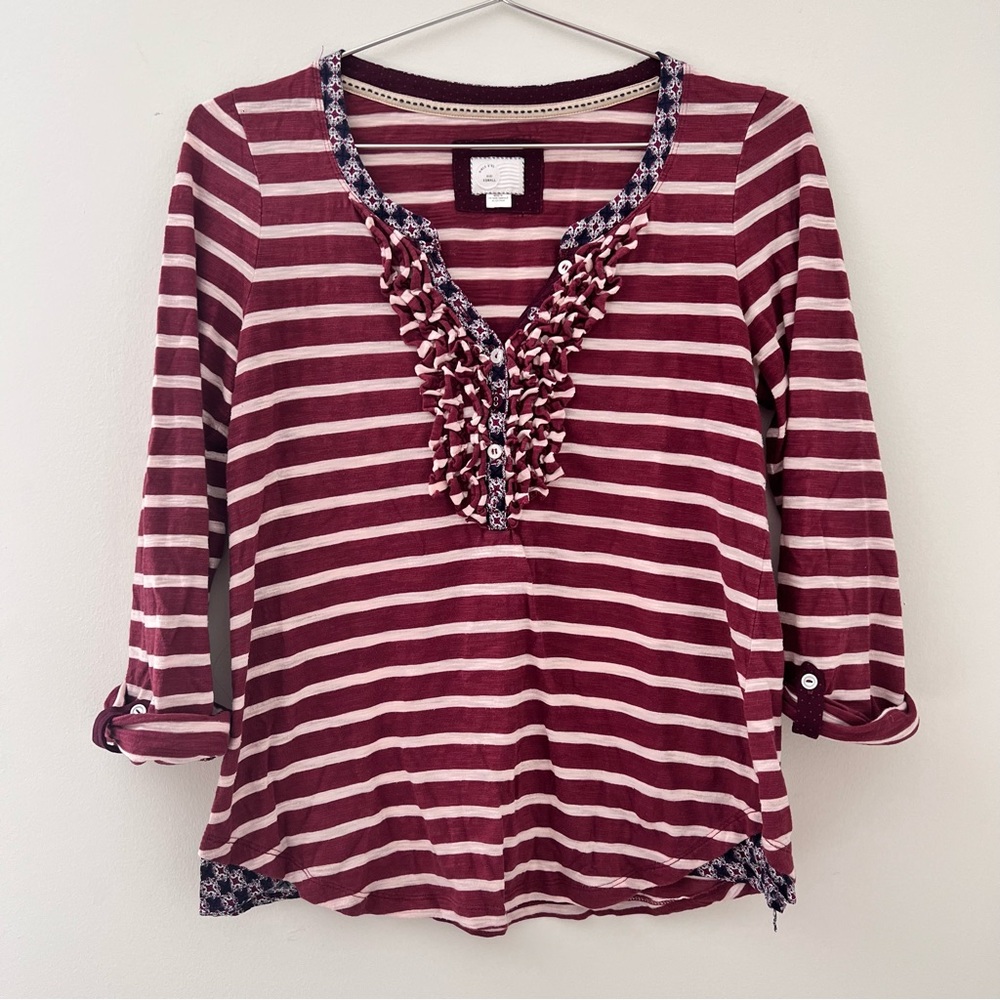 Anthropologie Striped Ruffle Henley Top